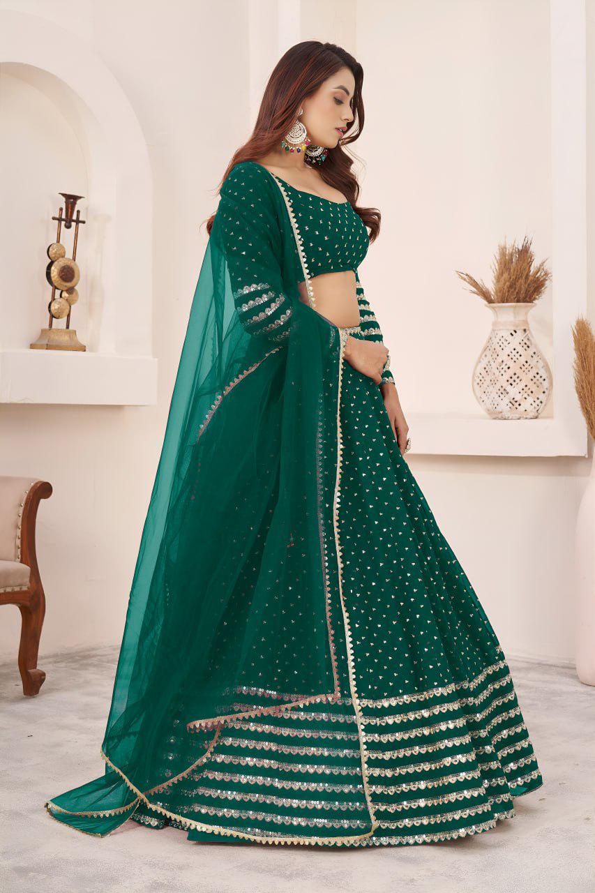 Teal Green Georgette Lehenga Choli Set | Zari Sequins Embroidery, Semi-Stitched Wedding Wear