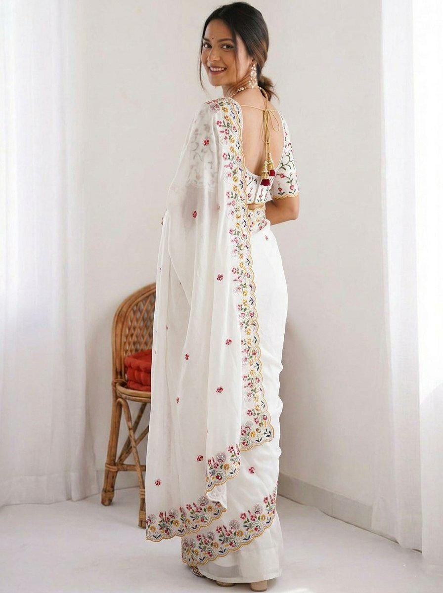 Embroidered Crush Silk Saree with Cutwork Border | Designer Wedding Party Wear Blouse Piece