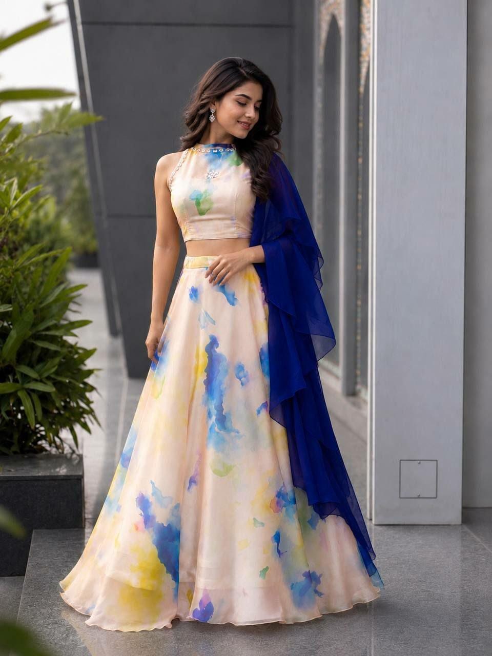 Printed Jimmy Organza Lehenga Choli Set | 8 Meter Flare Digital Print, Stone Work, Georgette Dupatta