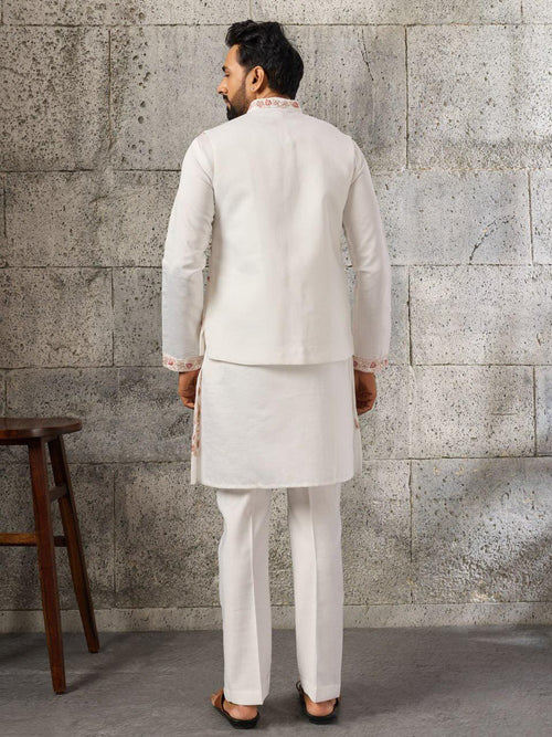 Art Silk Kurta Koti Pant Set | Mirror Work Embroidery Festive Wear