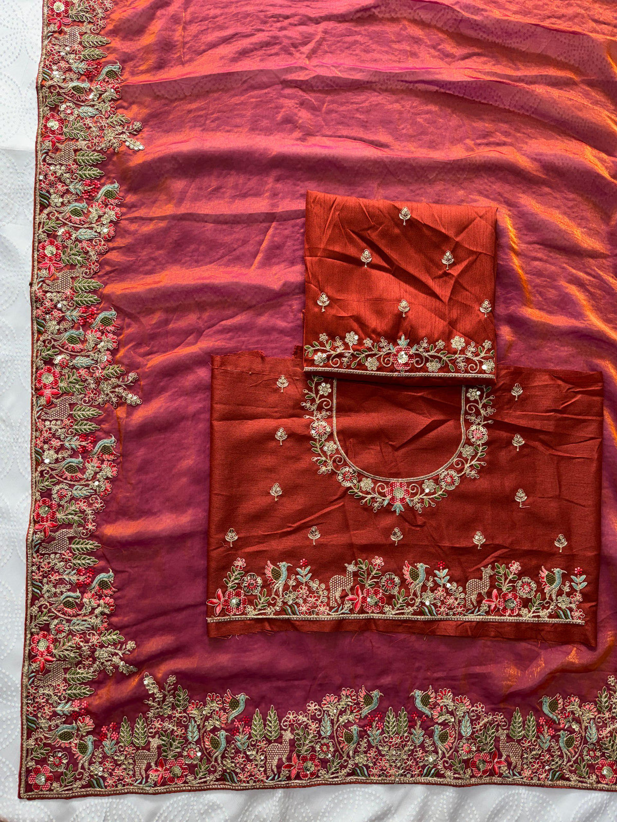 Fendy Satin Silk Saree with C-Pallu Embroidery | Designer Wedding Wear Blouse Piece