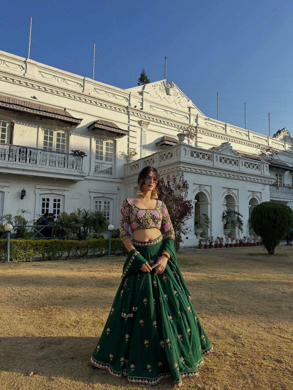 Green Fox Georgette Lehenga Choli, Sequins Embroidery, 4 Meter Flare Wedding Set