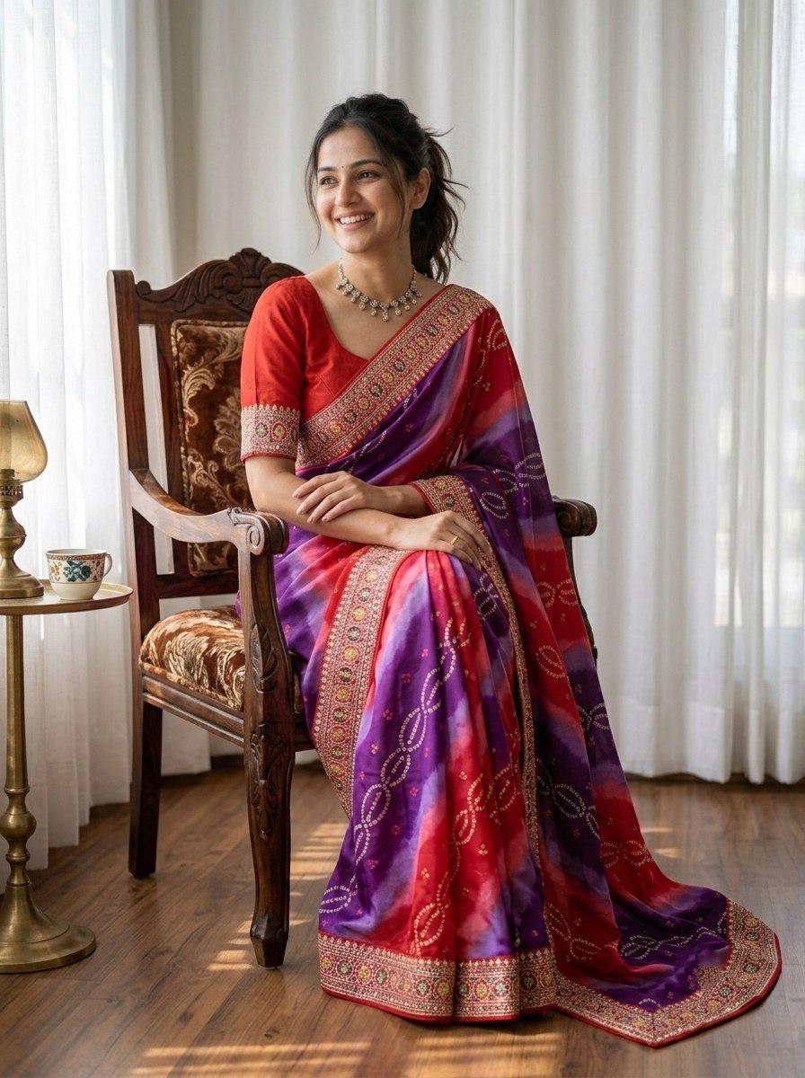 Digital Print Georgette Saree | Embroidered Lace Border, Silk Blouse (Digital Download)