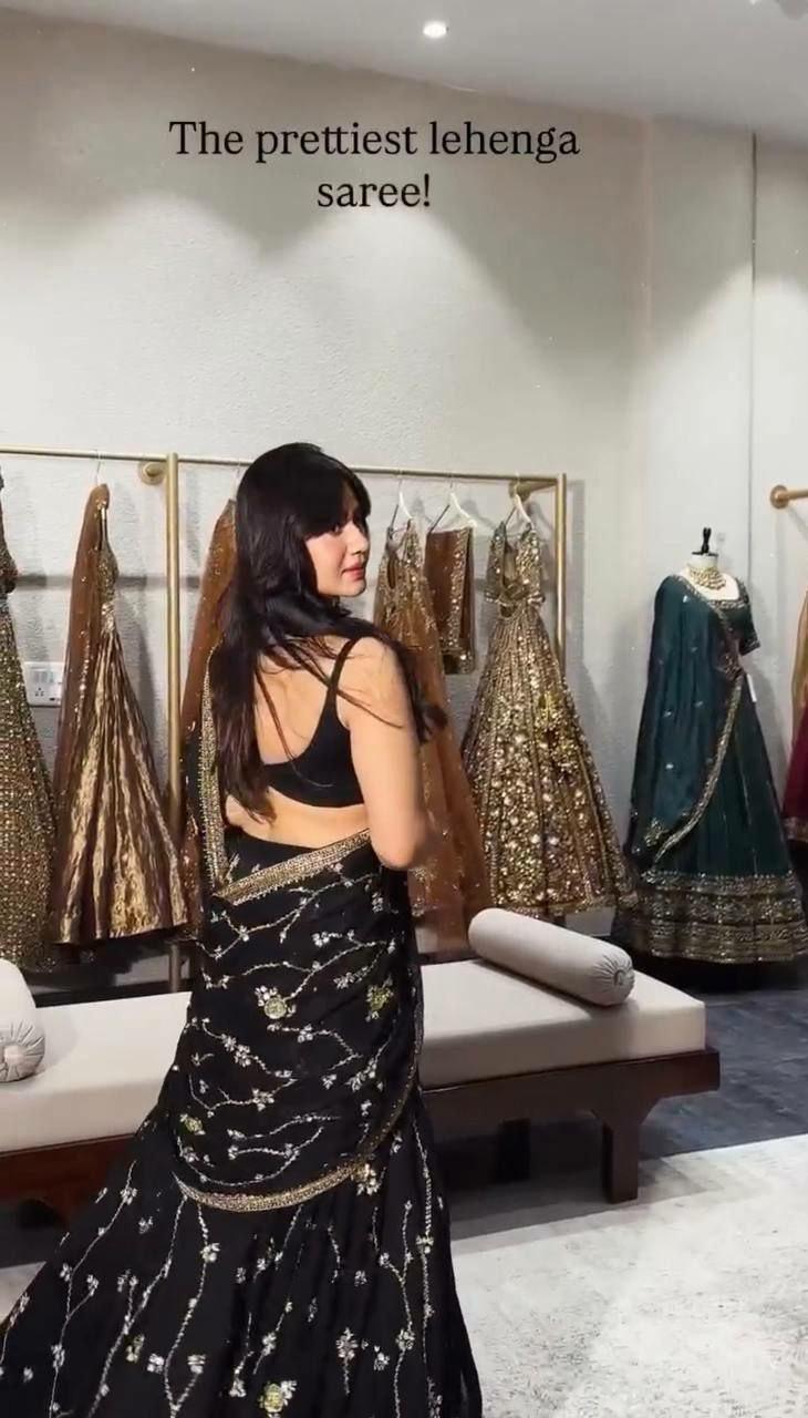 Faux Georgette Lehenga Saree | Sequins Embroidered Blouse, Lace Border Dupatta (Ready-to-Wear)