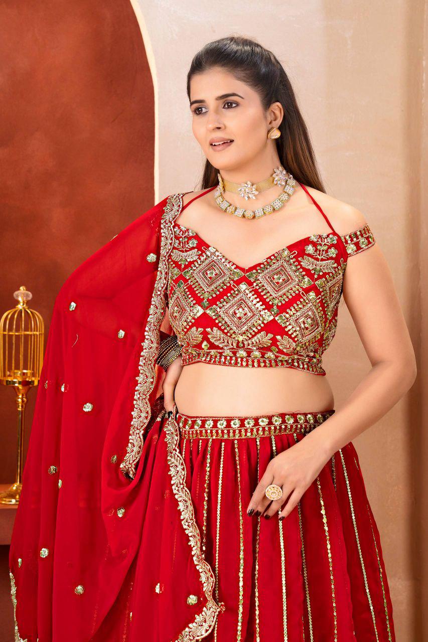 Red Faux Georgette Lehenga Choli | Sequins Zari Embroidery Bridal Set