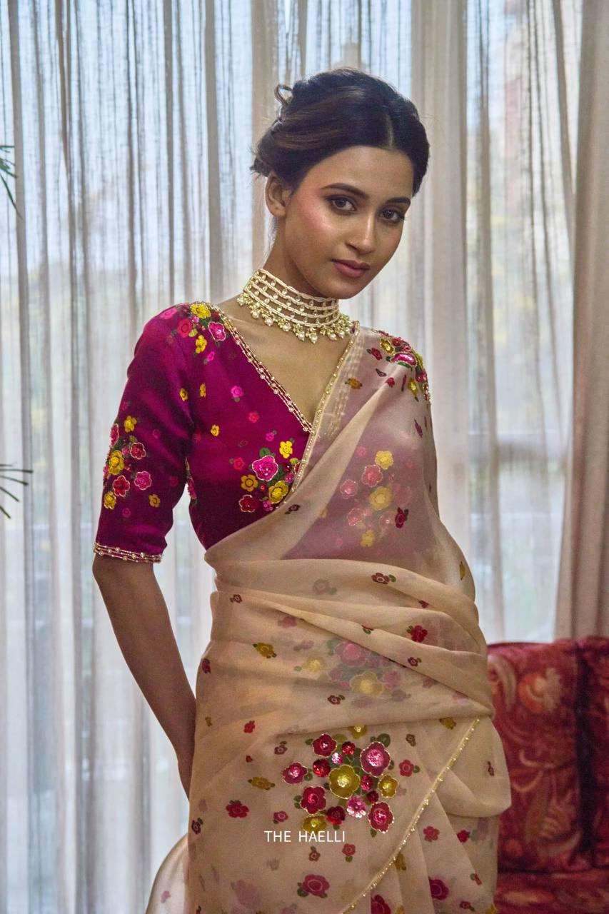 Soft Tabi Floral Print Saree with Cut Dana Handwork, Summer Party Wear Chinon Blouse