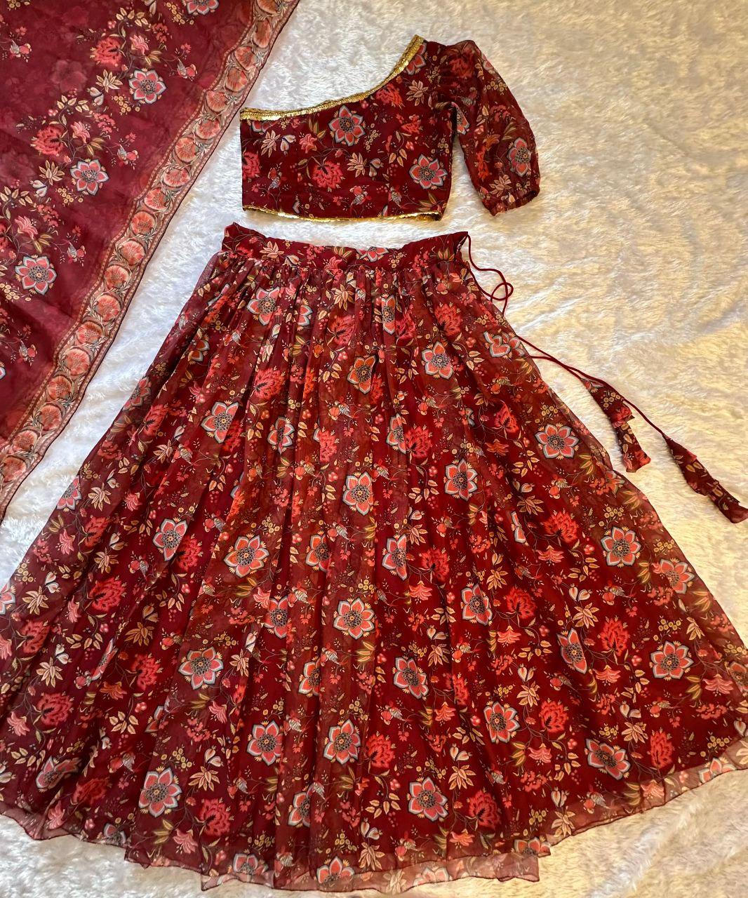 One Shoulder Floral Print Lehenga Choli Set | Ready-to-Wear Festive Wedding Outfit