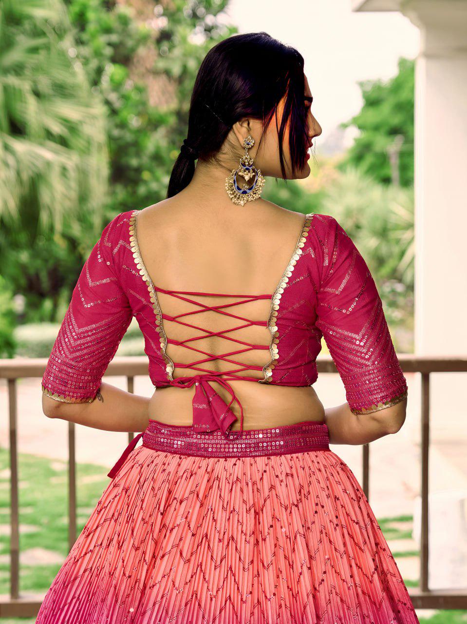 Pink Chinnon Lehenga Choli Set | Sequin Embroidered Wedding A-Line Lehenga, Soft Net Dupatta