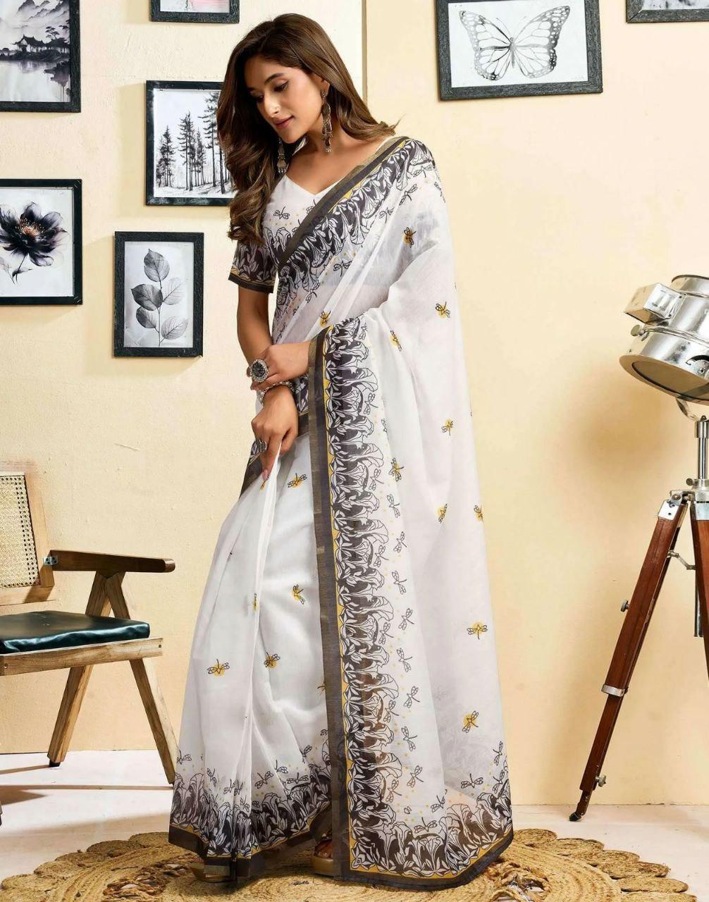 White Black Stripe Linen Cotton Saree | Printed Pallu, Office Wear, Lightweight Indian Saree