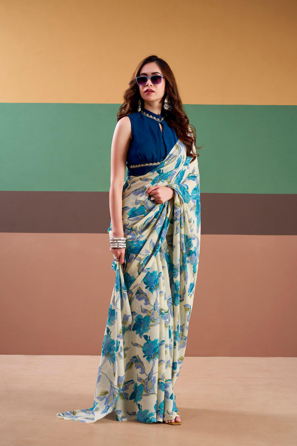 Satin Silk Floral Saree with Stitched Natural Silk Blouse, Indian Festive Party Wear