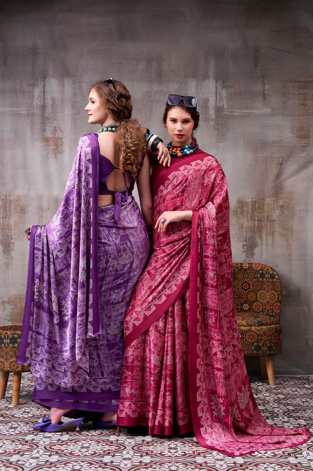 Satin Silk Printed Saree with Unstitched Blouse, Elegant Indian Festive Wear