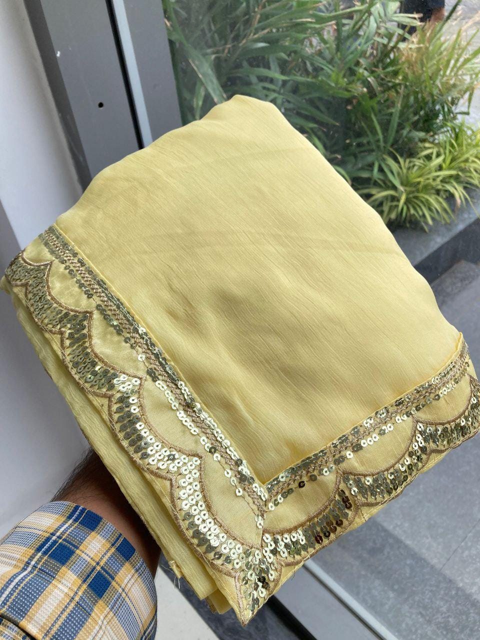 Moss Chiffon Saree, Sequins Lace Border, Embroidered Banglory Silk Blouse, Festive Party Wear