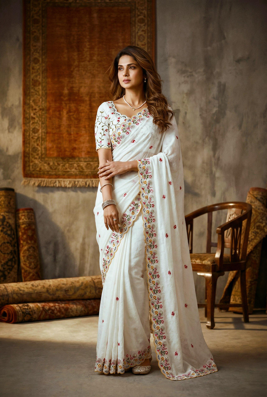 Crush Silk Embroidered Saree with Cutwork Border | Festive Wedding Wear, Mono Banglory Silk Blouse