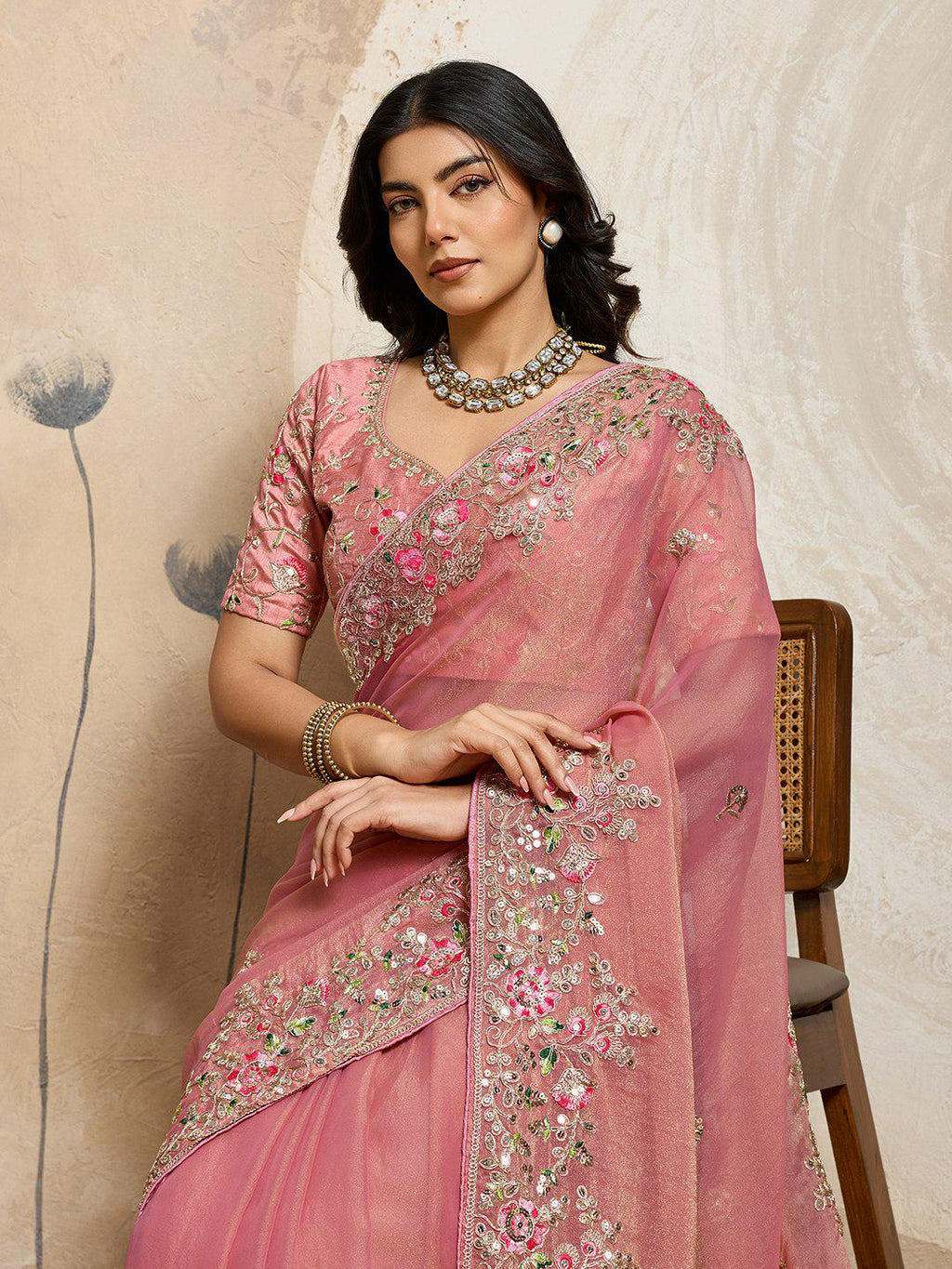 Moss Chiffon Embroidered Saree, Cutwork Border, Banglory Silk Blouse, Festive Wear