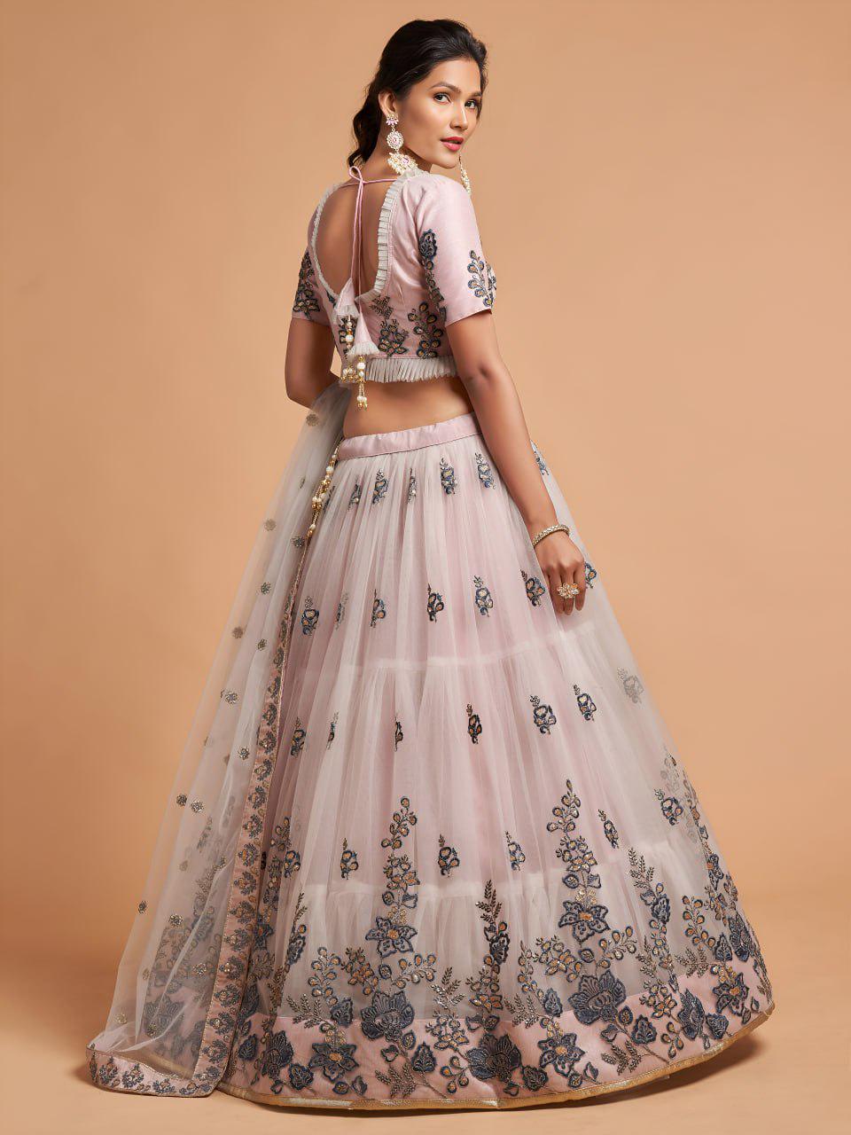 Light Grey Soft Net Lehenga Choli | Floral Embroidery, Zari, Dori, Sequins Bridal Set