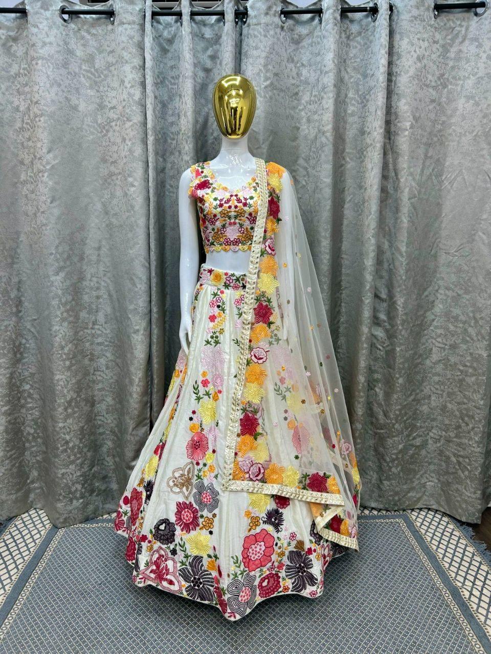 Chinon Lehenga Choli Set | Sequins Thread Embroidery, Wedding Wear Net Dupatta