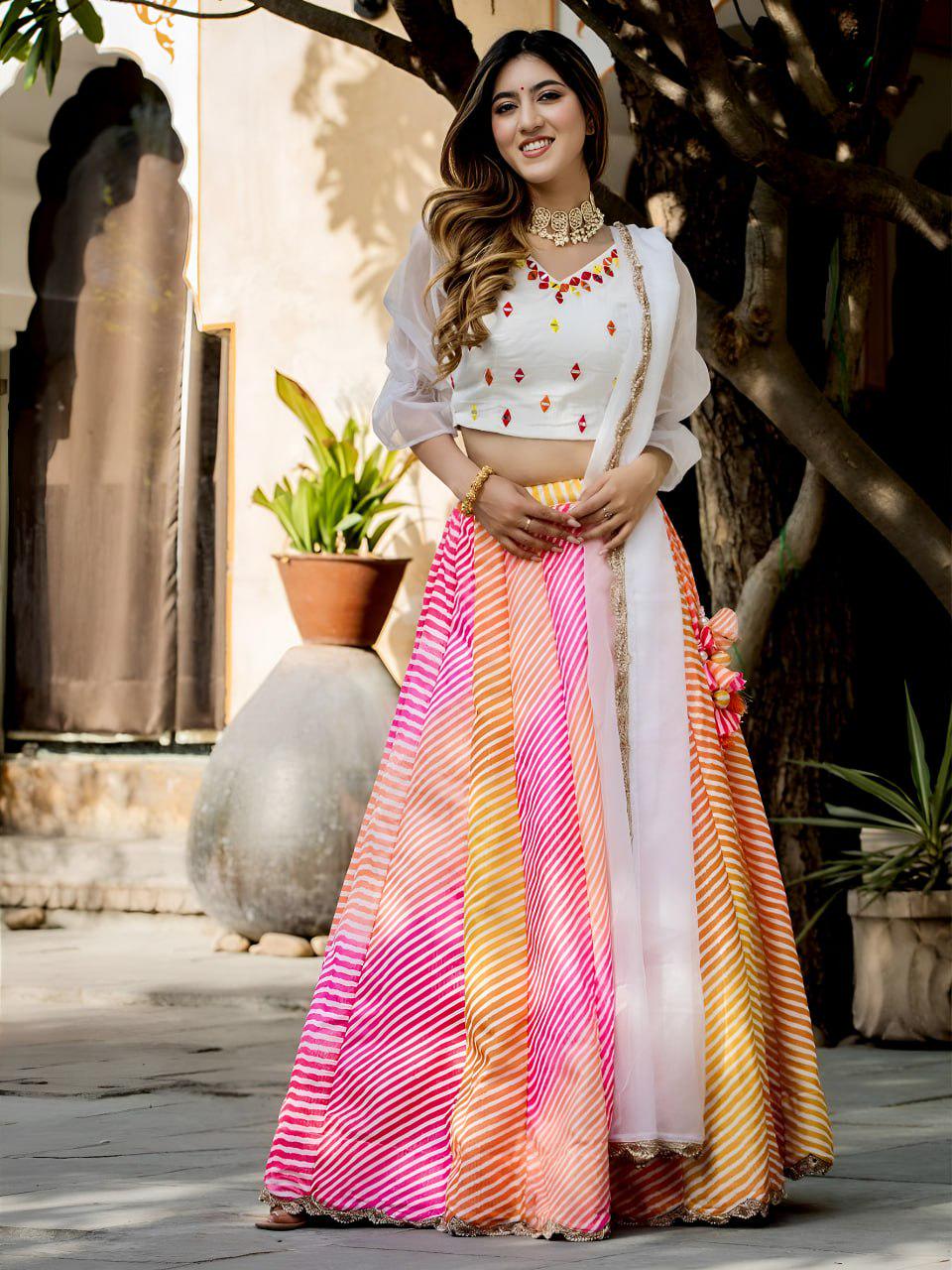 Multicolor Leheriya Lehenga Choli, Mirror Work Art Silk Festive Set, Organza Dupatta