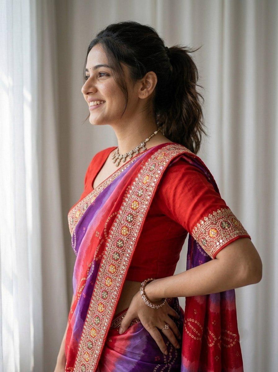 Digital Print Georgette Saree | Embroidered Lace Border, Silk Blouse (Digital Download)