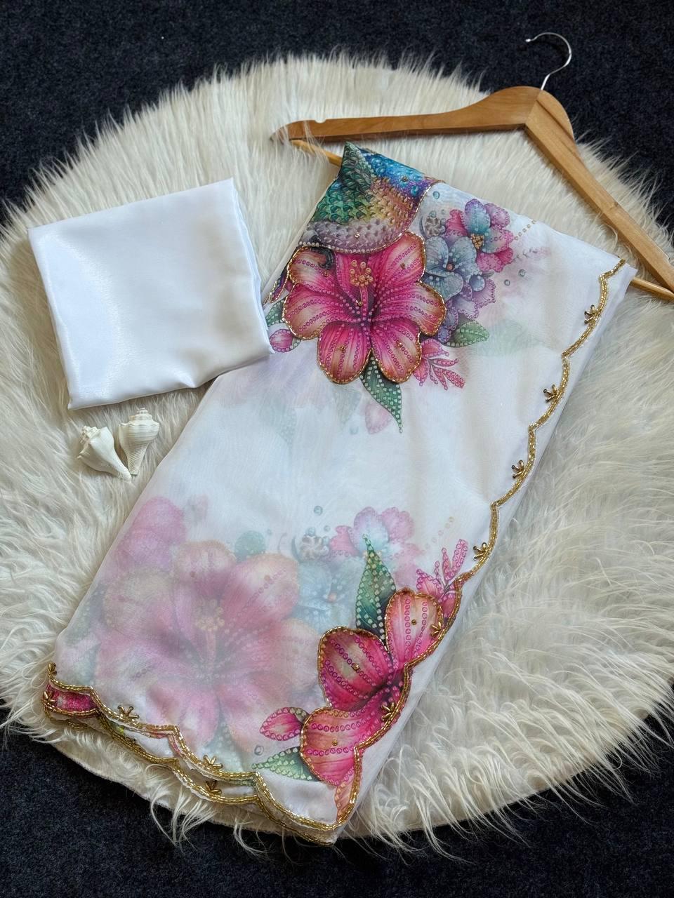 Floral Sparrow Print Soft Tabby Silk Saree, Khatli Cut Dana Handwork, Jalpari Blouse