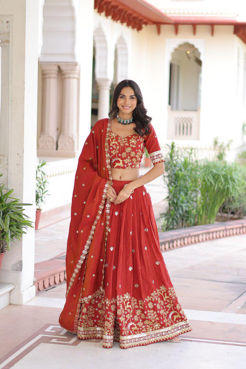 Vichitra Silk Lehenga Choli, Sequins Thread Embroidery, 4 Meter Flare Wedding Set
