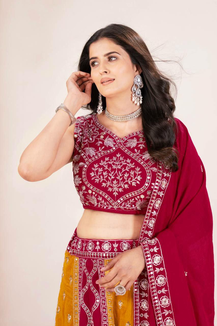 Vichitra Silk Lehenga Choli, Sequins Thread Embroidery, 4 Meter Flare Wedding Set