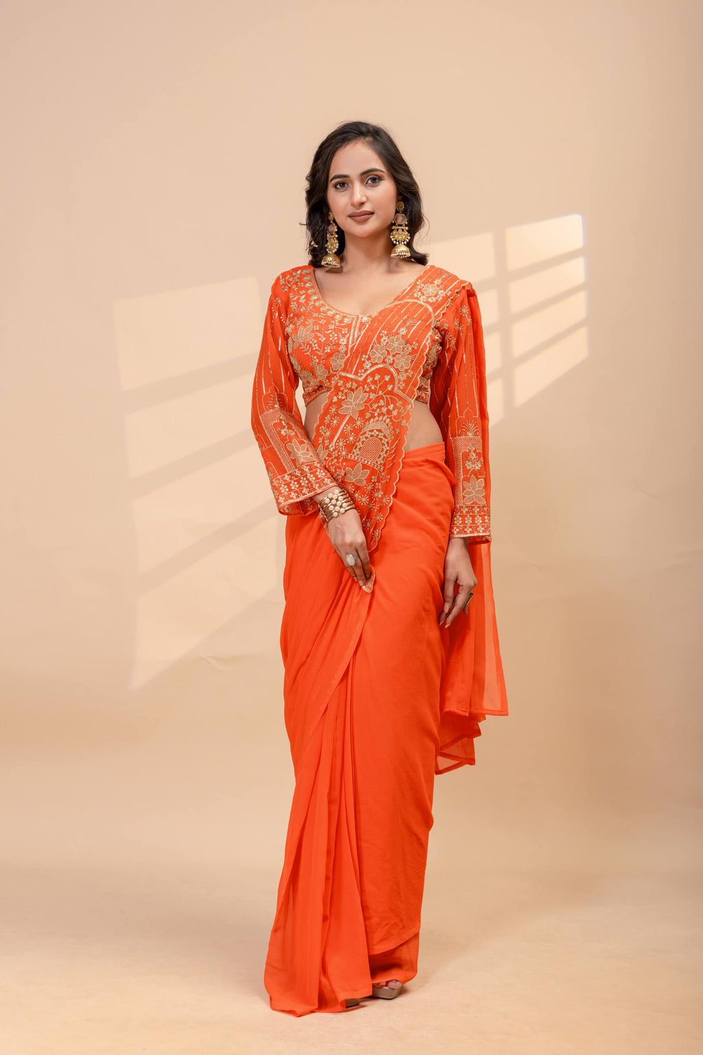 Ready-to-Wear Faux Georgette Saree with Embroidery, Stitched Blouse