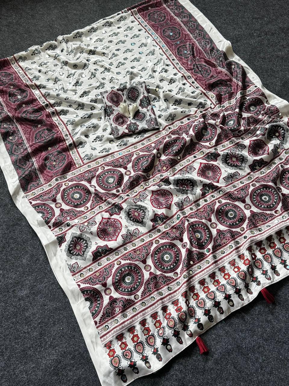 Ajrakh Print Semi Modal Silk Saree | Real Mirror Work, Pom Pom Pallu, Party Wear