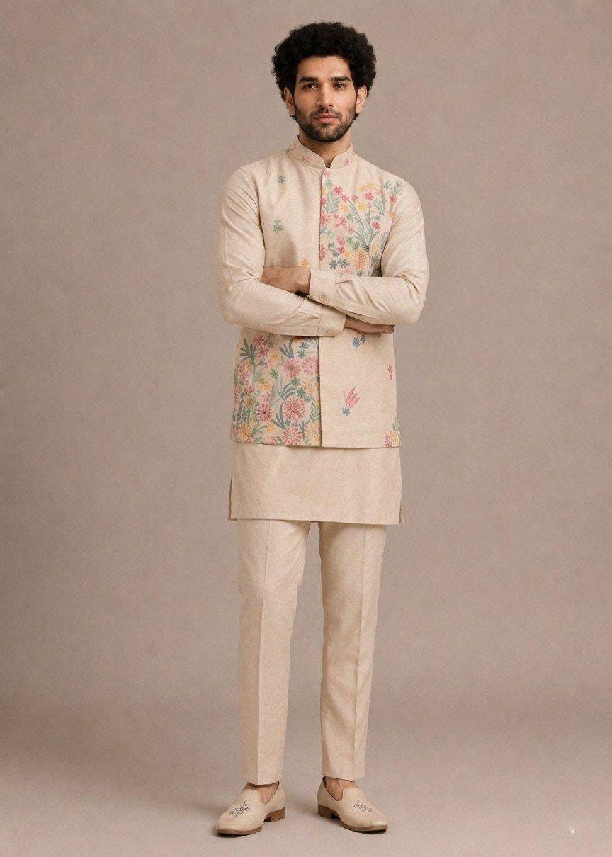 Men's Roman Silk Kurta Pant Set with Embroidered Koti | Festive Ethnic Outfit