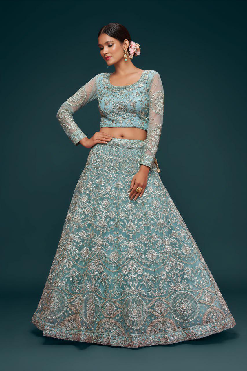 Aqua Blue Net Lehenga Choli Set, Zari Badla Glitter Dori Embroidery, Semi-Stitched Wedding Dupatta
