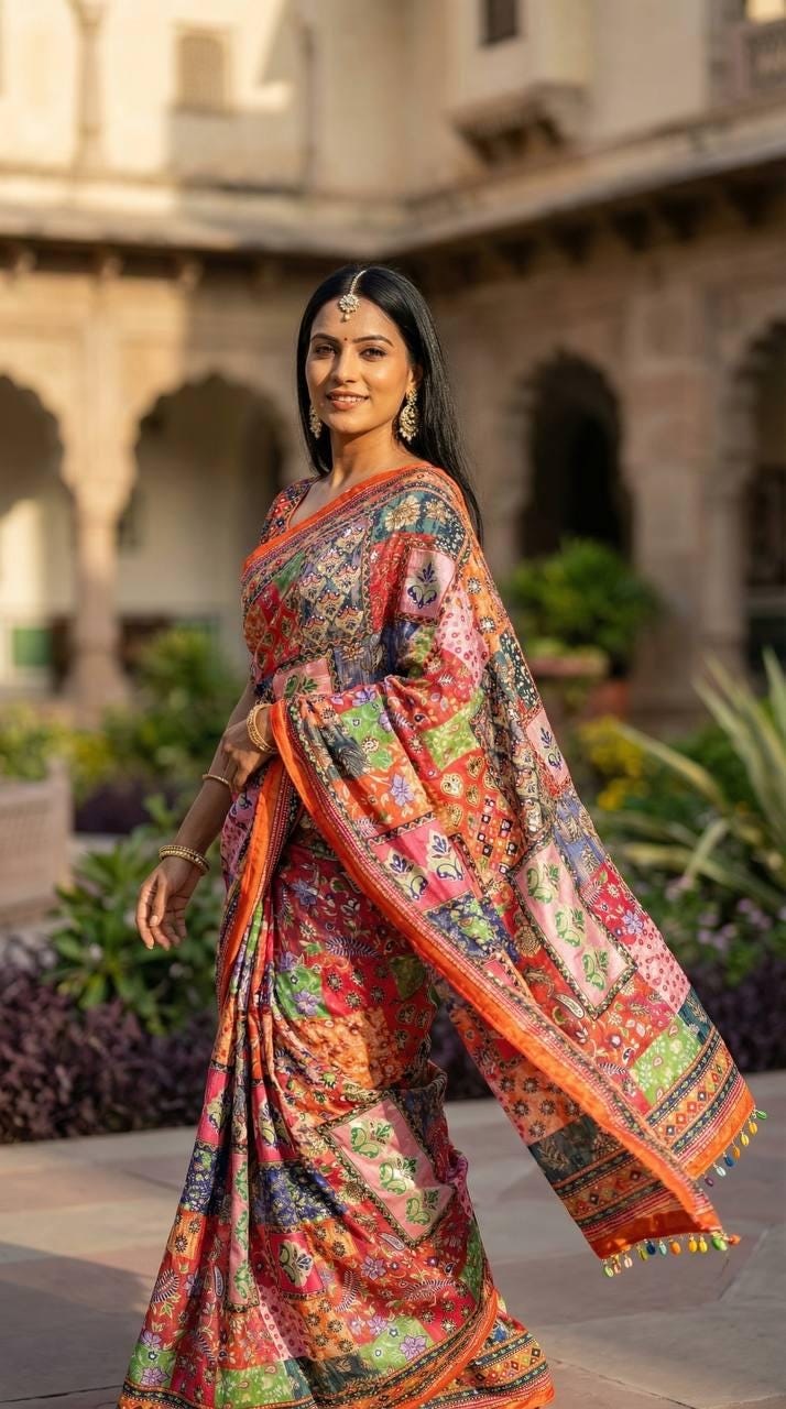 Ajrakh Print Roman Silk Saree, Real Mirror Work, Designer Ethnic Party Wear Blouse
