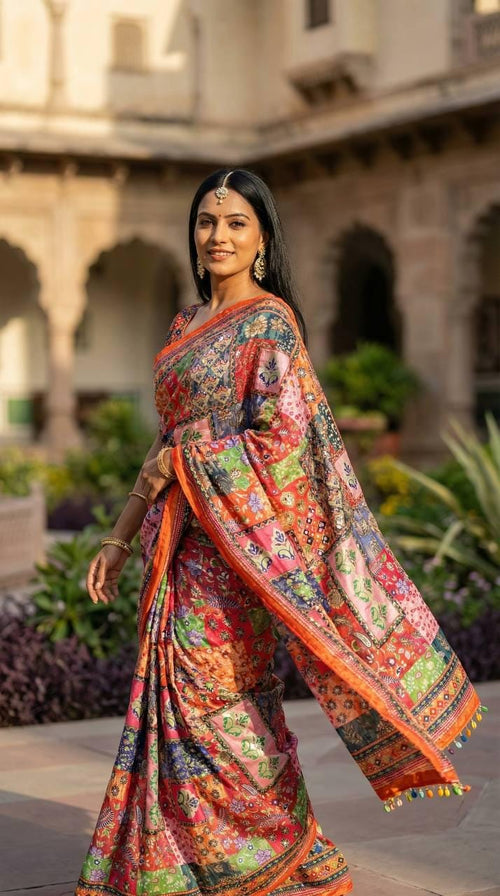Ajrakh Print Roman Silk Saree, Real Mirror Work, Designer Ethnic Party Wear Blouse