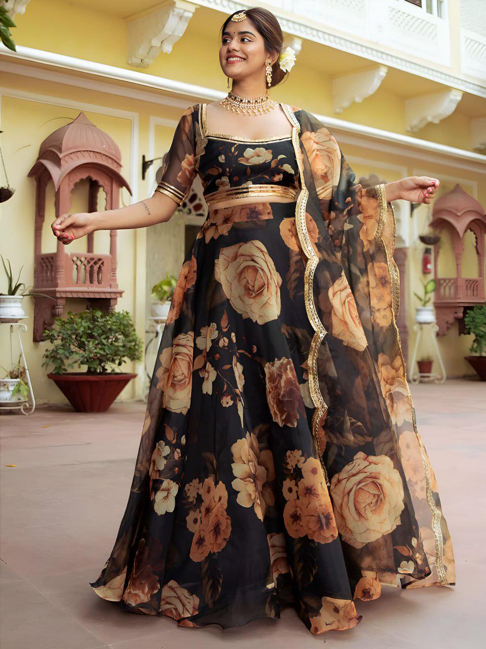 Black Floral Organza Lehenga Choli, Gota Patti Work, Semi-Stitched A-Line Set