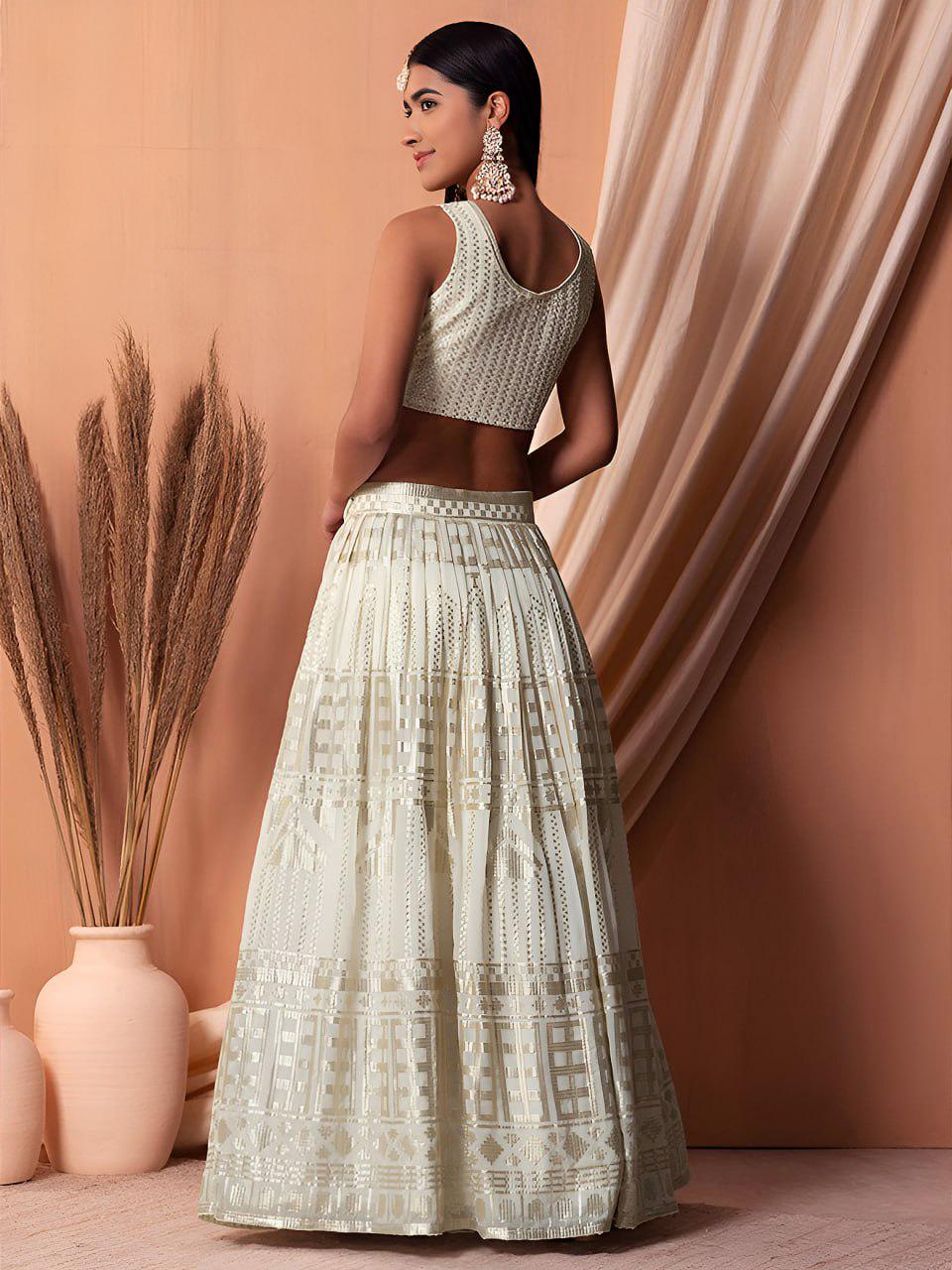 Ivory Georgette Lehenga Choli Set | Sequin Embroidered Wedding Bridal Outfit