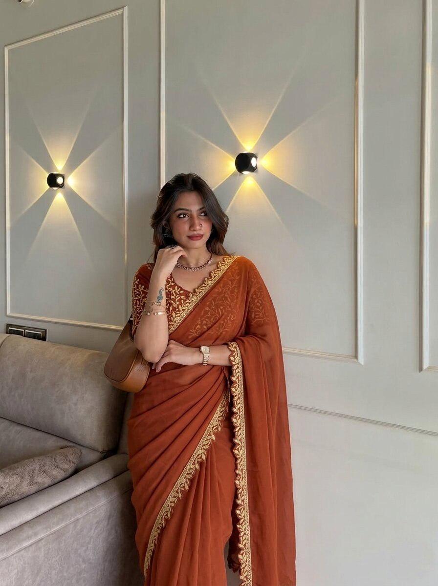 Rangoli Silk Saree | Lace Cutwork Border, Embroidered Blouse, Wedding Party Wear