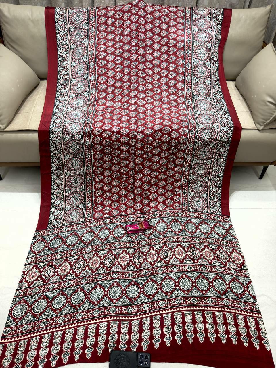 Soft Satin Silk Ajrakh Print Saree with Real Mirror Work | Festive Indian Wedding Wear
