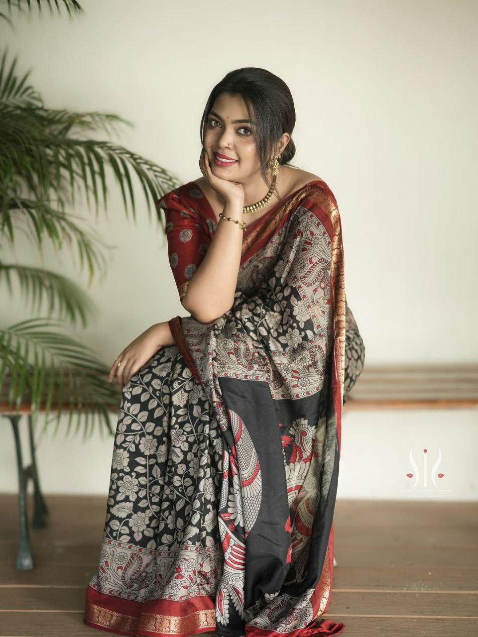 Soft Black Dola Silk Saree with Pen Kalamkari Art