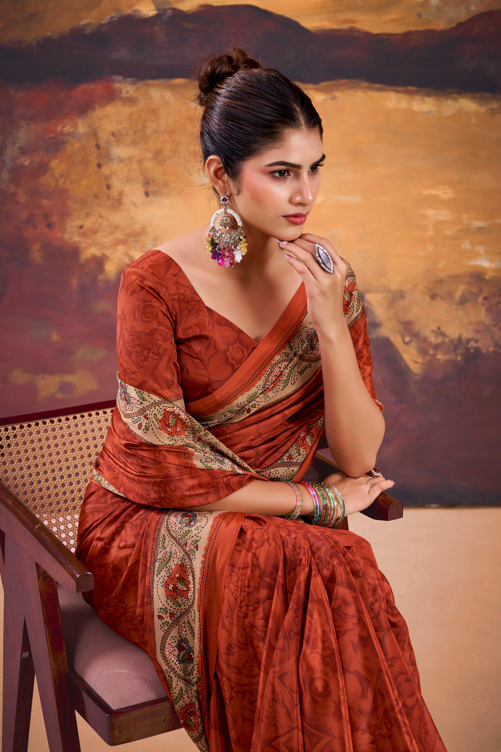 Crepe Printed Saree with Unstitched Blouse, Lightweight Festive Party Wear