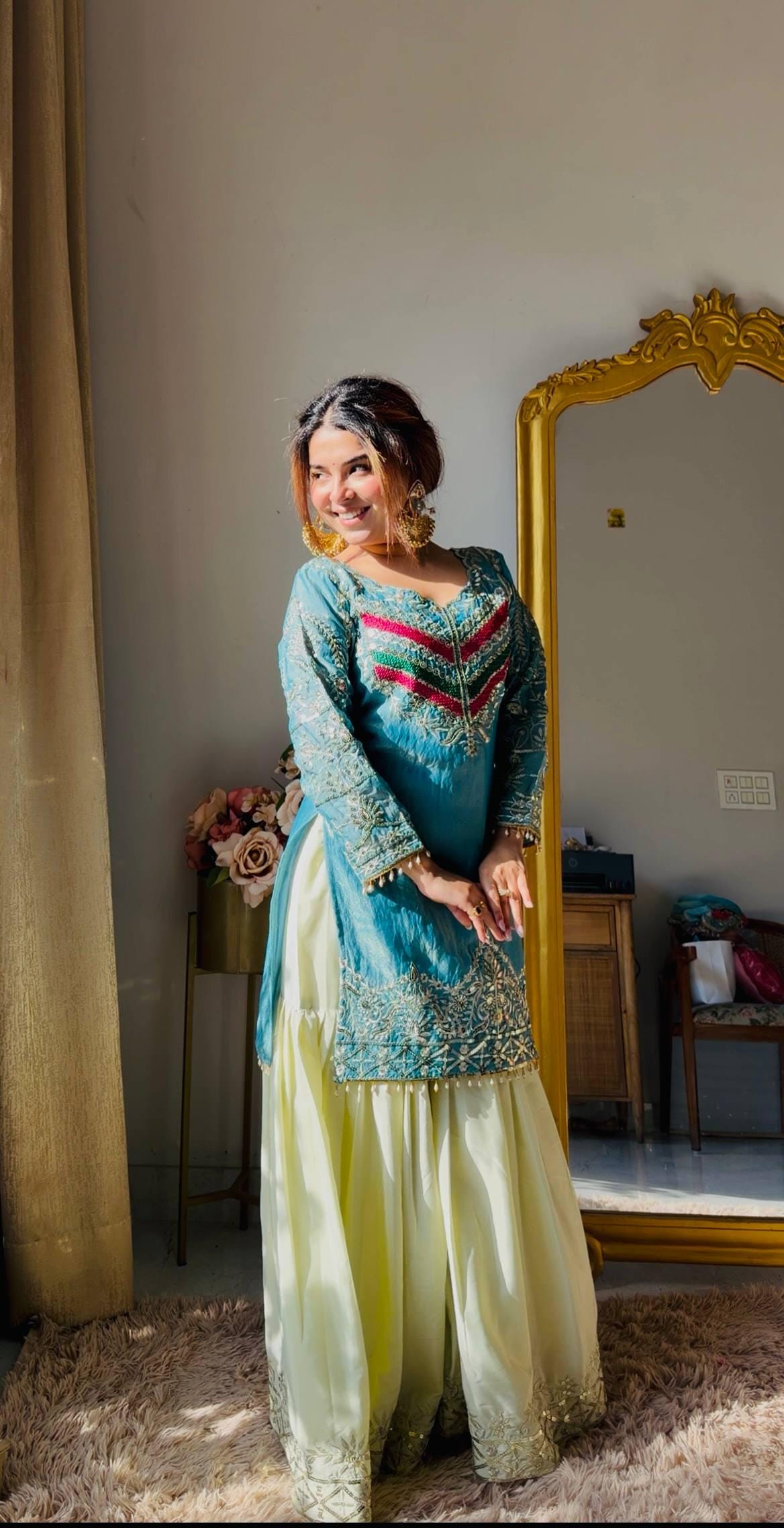 Moss Fendi Embroidered Palazzo Suit Set, Sequins Work Kurta, Organza Dupatta, Festive Wear