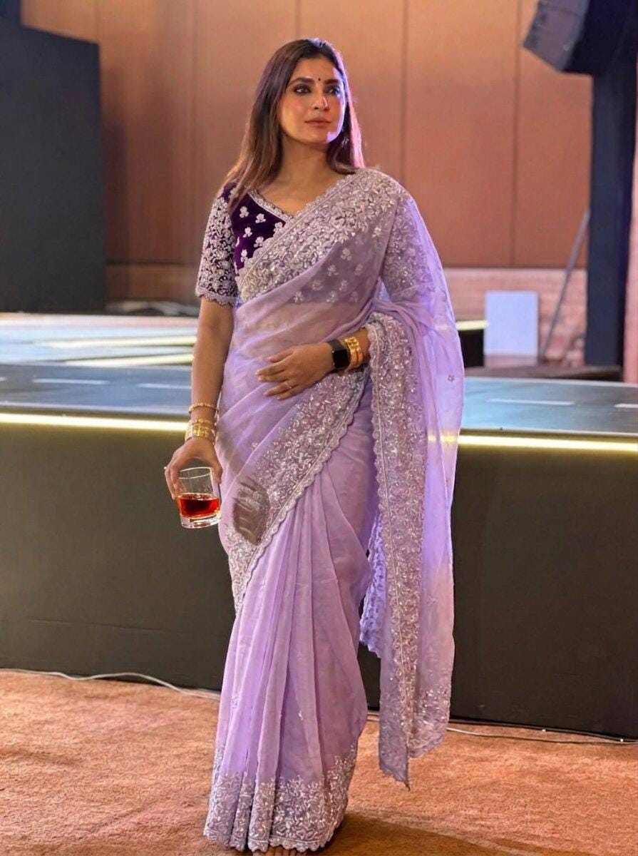 Soft Organza Embroidered Saree | Cutwork Border, Mono Banglory Silk Blouse, Festive Wear