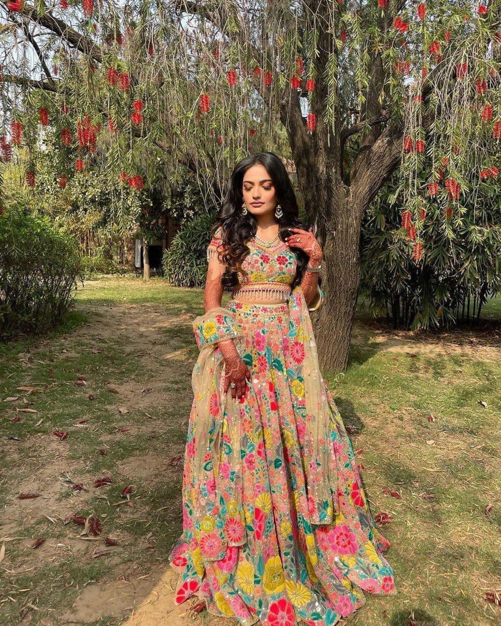 Soft Mono Net Lehenga Choli, Sequins Embroidery, Bridal Wedding Party Wear XXL