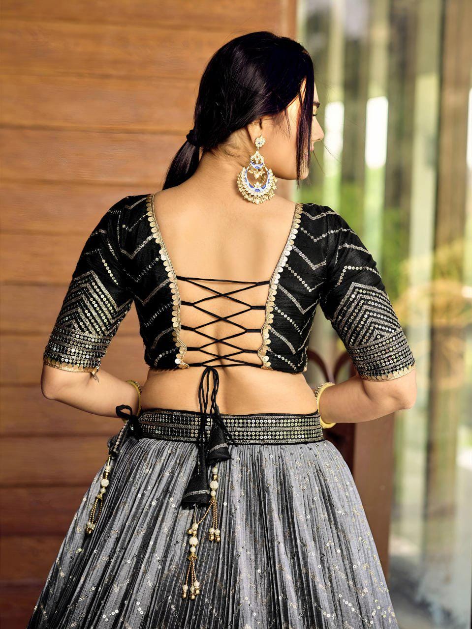 Black Chinnon Lehenga Choli Set | Sequin Embroidered Wedding A-Line Lehenga, Net Dupatta