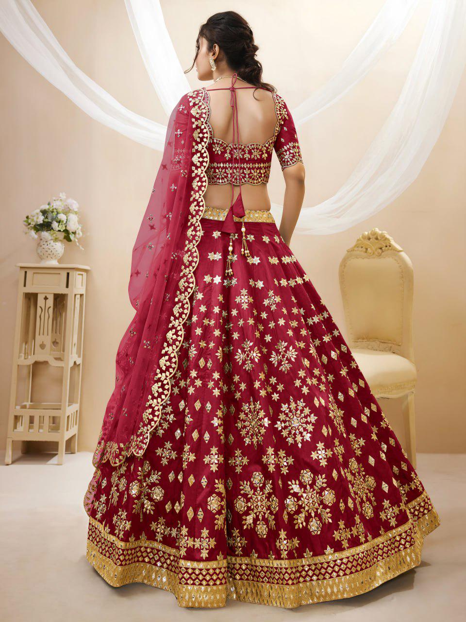 Deep Red Art Silk Lehenga Choli Set, Foil Zari Sequins Embroidery, Semi-Stitched Dupatta
