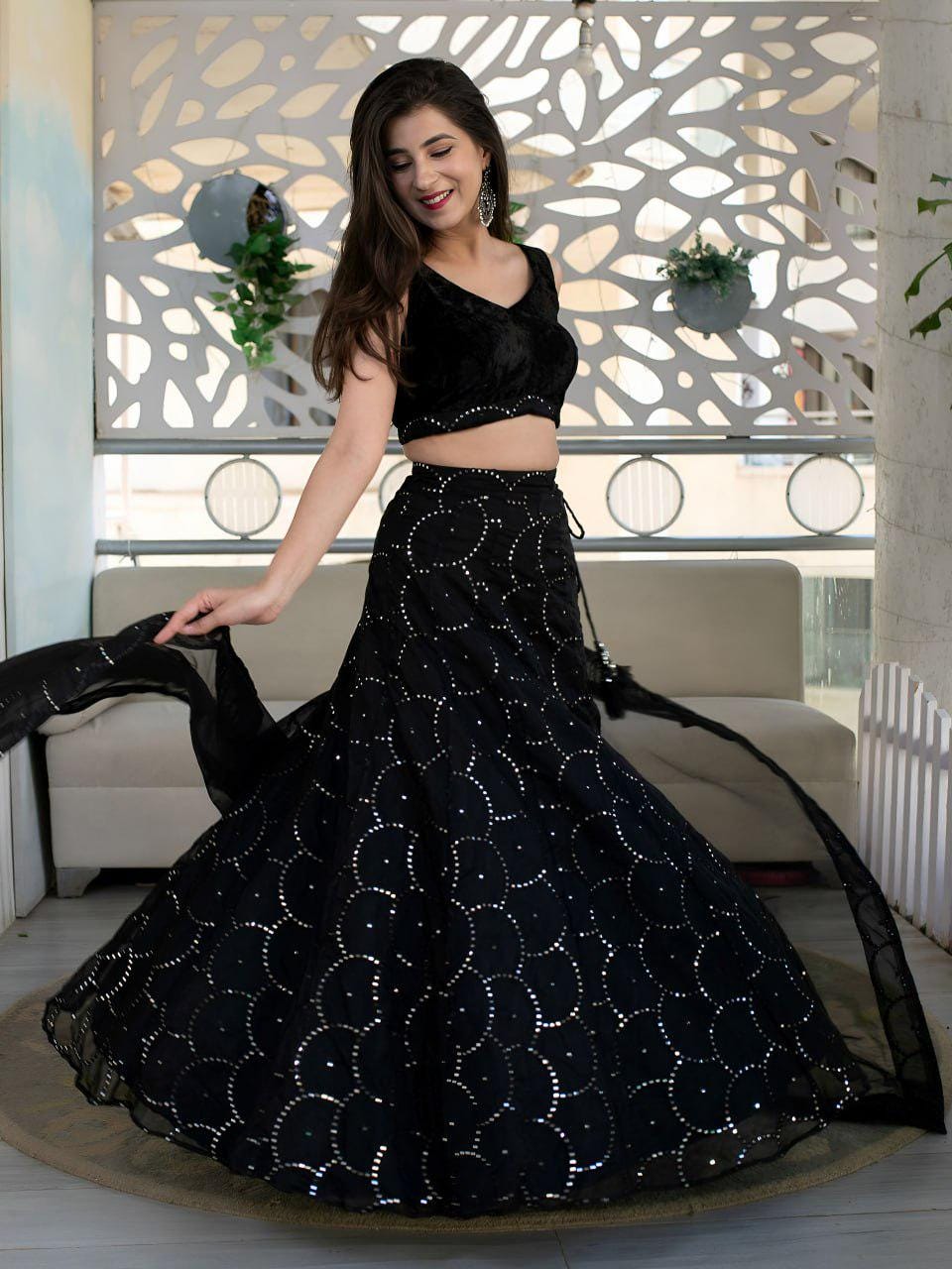Black Organza Lehenga Choli, Velvet Blouse, Sequins Embroidery Wedding Outfit