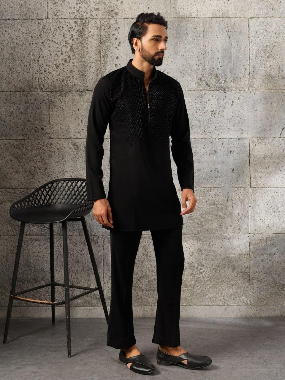 Men's Japanese Fabric Kurta Pant Set | Designer Beads Work Ethnic Wear