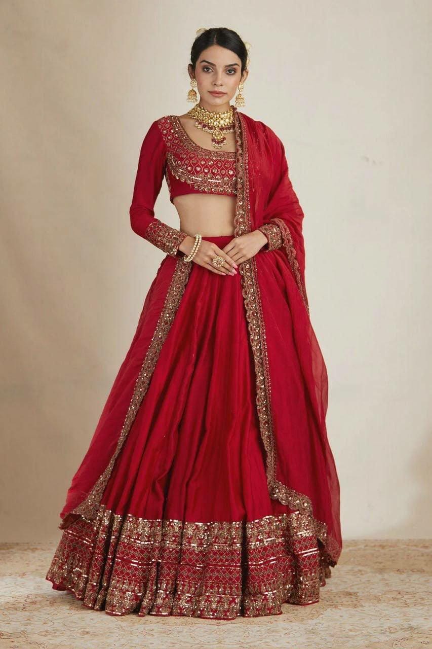 Vichitra Silk Lehenga Choli Set | Embroidered Wedding Bridal Wear, Fully Stitched Dupatta