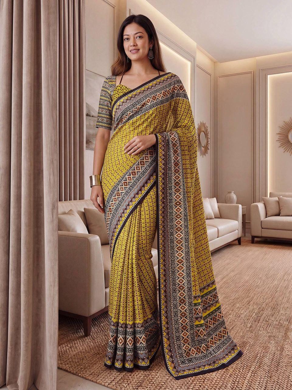 Chinon Ajrak Print Saree with Real Mirror Work | Unstitched Blouse Piece