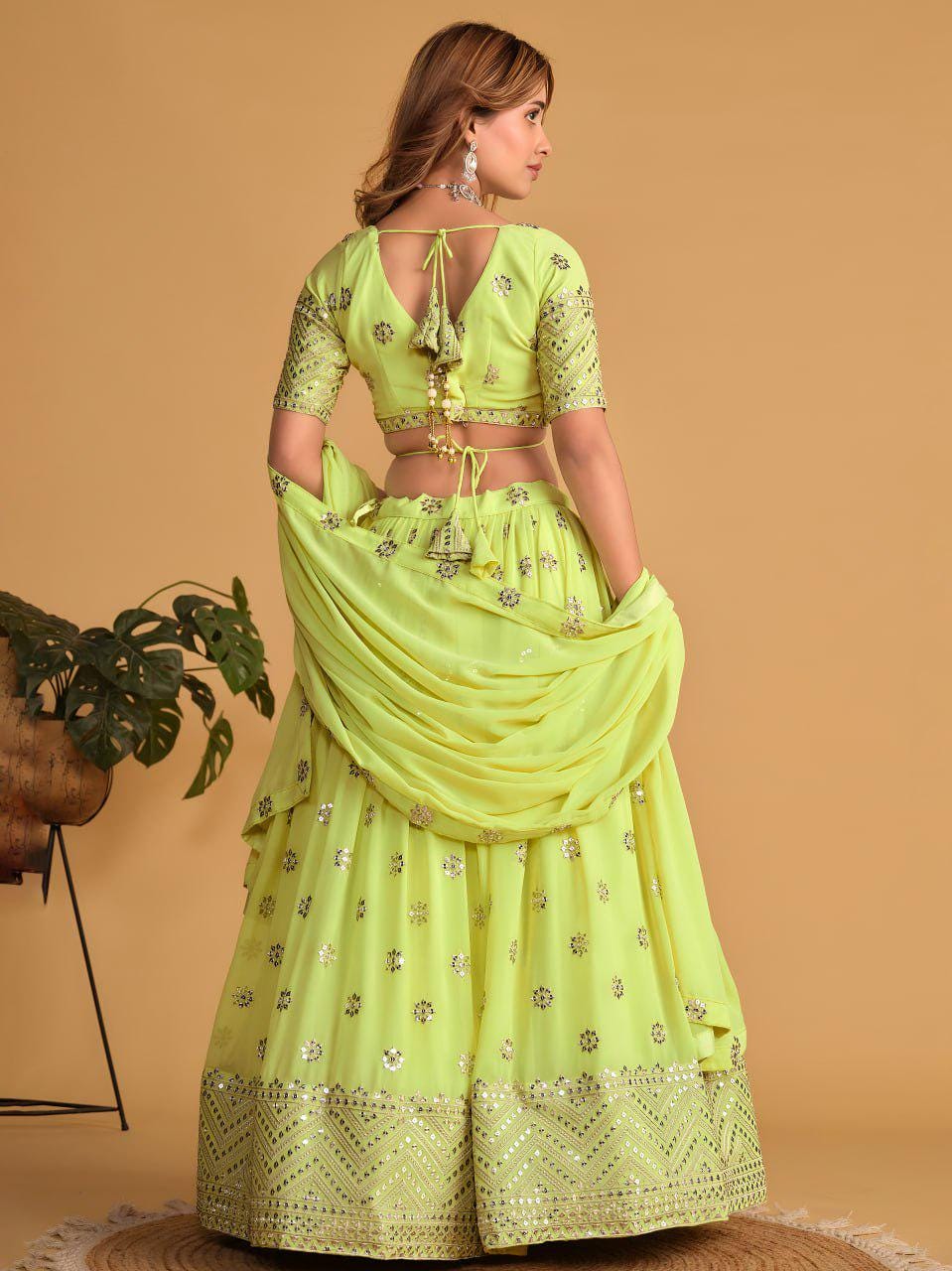 Lime Green Georgette Lehenga Choli Set | Zari Sequins Embroidered Festive Outfit