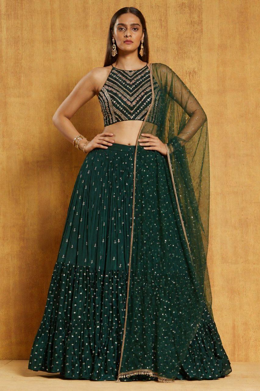Georgette Lehenga Choli Set, Zari Sequin Embroidery, 7.5 Meter Flare, Wedding Designer Ensemble