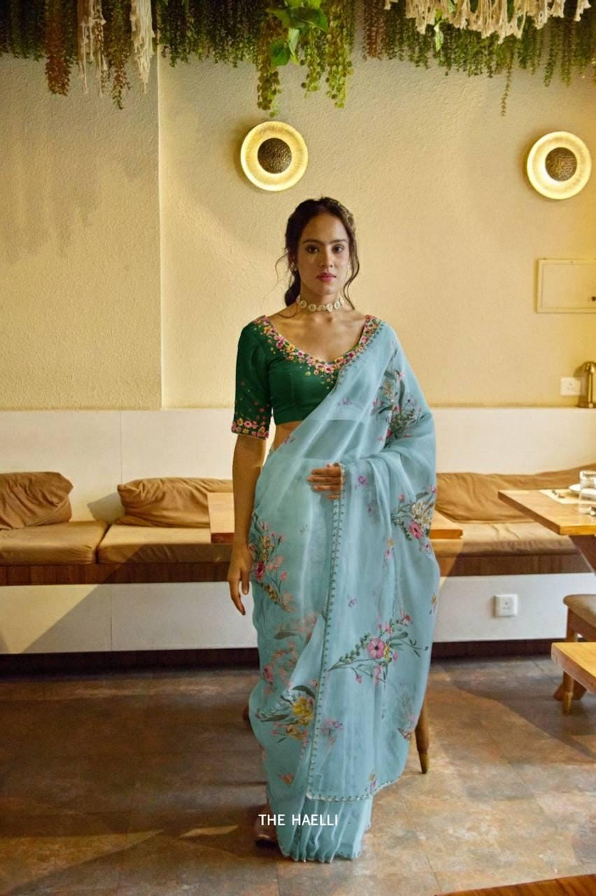 Floral Print Tabi Saree with Cut Dana Handwork, Chinon Blouse, Summer Party Wear