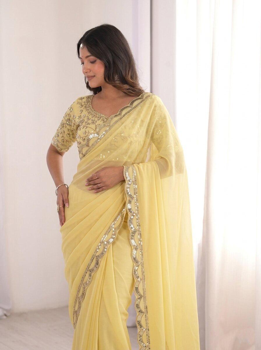 Moss Chiffon Saree with Sequins Lace Border | Embroidered Banglory Silk Blouse